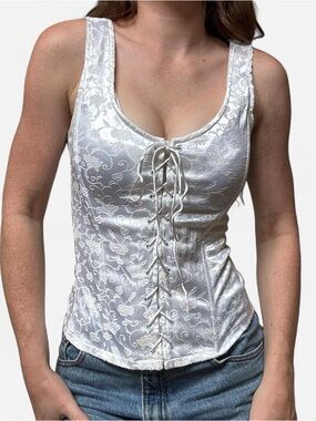 Frederick’s of Hollywood vintage white lace up brocade corset top
